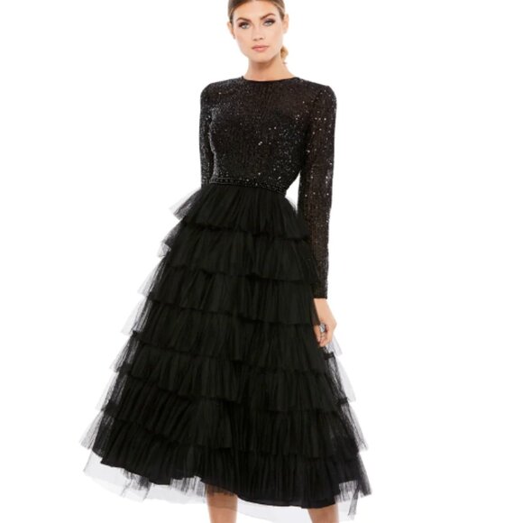 MAC DUGGAL 26299 SEQUIN BODICE LONG SLEEVE RUFFLE TIERED BLACK MIDI DRESS sz 14 - Picture 1 of 6